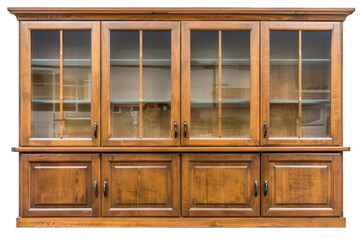 Elegant wooden cabinet with glass doors and shelves, perfect for storage and display in any home or office space.