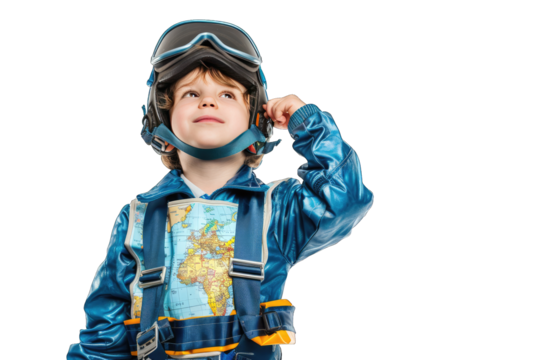 A young child in a blue pilot costume with aviator goggles, looking up and smiling, ready for adventure. White background. - Powered by Adobe