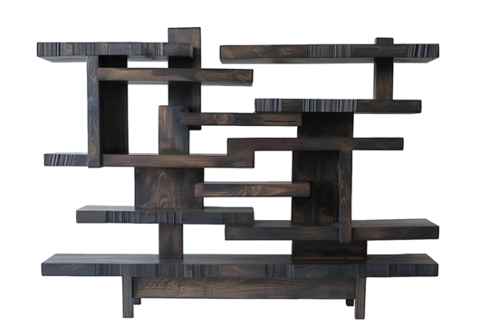 Modern abstract wooden bookshelf with geometric design, ideal for contemporary home decor and stylish storage solutions.