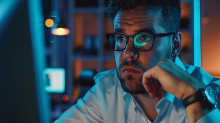 Handsome businessman in glasses working seriously