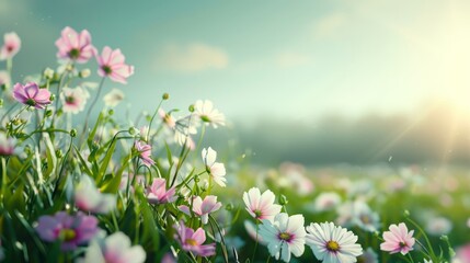 Obraz premium Mystical meadow covered in morning mist, wildflowers and charms intertwined, harmonious blend of flora, ethereal light creating a magical atmosphere