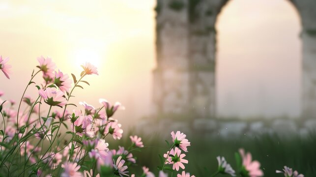 Enchanted meadow with wildflowers and ancient ruins, calm magical mist creating an ethereal glow, spellbound and serene atmosphere