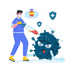 Medical care with a viral vaccine injection to weaken the virus vector illustration