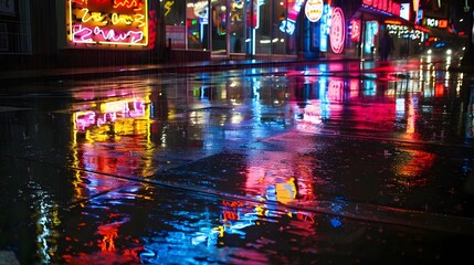 Obraz premium Vibrant Neon Reflections on Wet Cityscape at Rainy Night