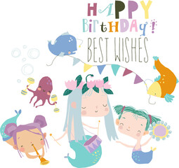 Cartoon Funny Mermaids with Fishes celebrating Birthday. Vector illustration