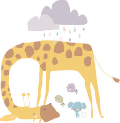 Cute Giraffe shelters Mouse and Birds from the rain. Vector illustration