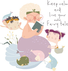 Obraz premium Cartoon Funny Mermaid Grandmother reading Book with Granddaughters. Vector illustration