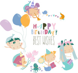 Cartoon Funny Mermaids with Fishes celebrating Birthday. Vector illustration