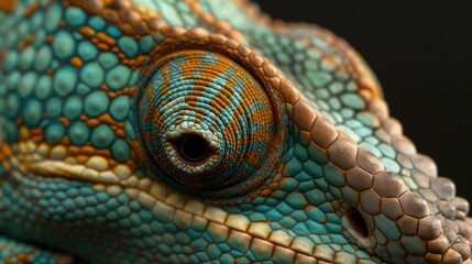 Naklejka premium Chameleon Eye Closeup: A mesmerizing macro photograph capturing the intricate details of a chameleon's eye, showcasing its unique structure and the beauty of nature's design. 