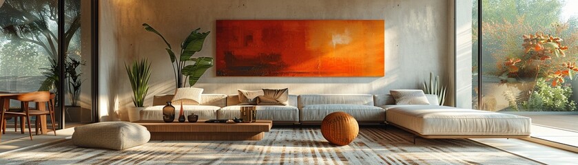 Minimalist living space with a coffee table geometric rug and sleek sofa neutral tones natural light digital painting