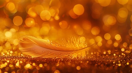 A delicate golden feather resting on a sparkling surface, illuminated by warm, glowing bokeh lights, creating a magical and ethereal scene.