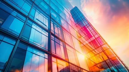 A striking image of a modern glass skyscraper reflecting vibrant sunset colors, showcasing urban architecture and beauty.