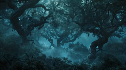 A dark, foggy forest at night with twisted trees and an eerie, mystical atmosphere, evoking a sense of mystery and intrigue.