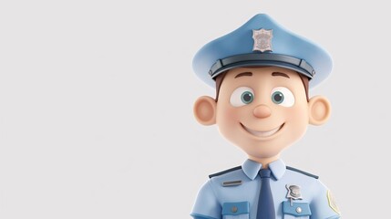 Friendly Officer: A 3D cartoon police officer with a warm smile and friendly demeanor, standing against a light gray background. This image is perfect for conveying a sense of security and community, 