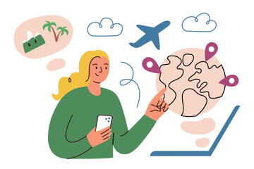 Choosing travel destination, vector illustration in flat cartoon style. Woman using laptop and smartphone to choose and book vacation spots. Ideal for tourism agencies. Travel apps and trip planning