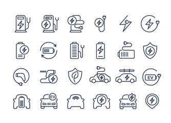 Electric car line icons. charge station, ev parking and battery charger set. home car charging, power station and electro energy line. charge battery, parking electric plug environment friendly. vecto