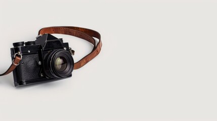 Vintage camera with leather strap, isolated on a white background, ample space for copy text, high resolution, studio lighting