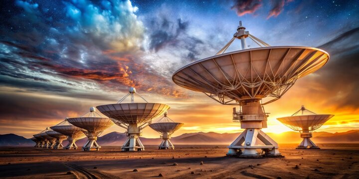 A large, dish-shaped satellite antenna stands isolated in a barren landscape, transmitting data to the cosmos, capturing signals from distant stars and planets