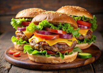 Juicy beef patty, crispy bacon, melted cheddar cheese, and lettuce, tomato, onion, and avocado, nestled between toasted golden hamburger buns, exuding savory goodness.
