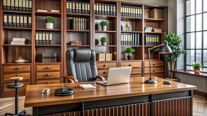 Professional notary workspace showcasing organized desk with computer, shelves of law books, and pens, conveying confidence and authority in a neutral office setting.