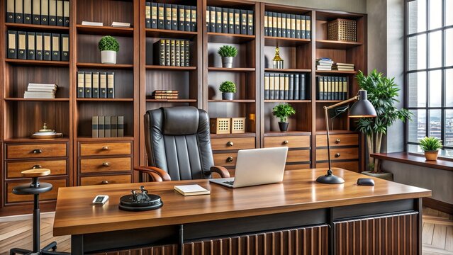 Professional notary workspace showcasing organized desk with computer, shelves of law books, and pens, conveying confidence and authority in a neutral office setting.