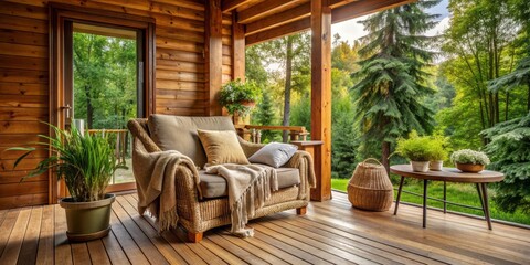 Fototapeta premium Cozy porch of a wooden home with a plush armchair adorned with pillows and a soft throw blanket, surrounded by lush greenery and natural light.
