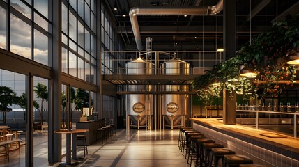 A modern brewery with transparent fermentation tanks and holographic tasting rooms, crafting unique flavors style