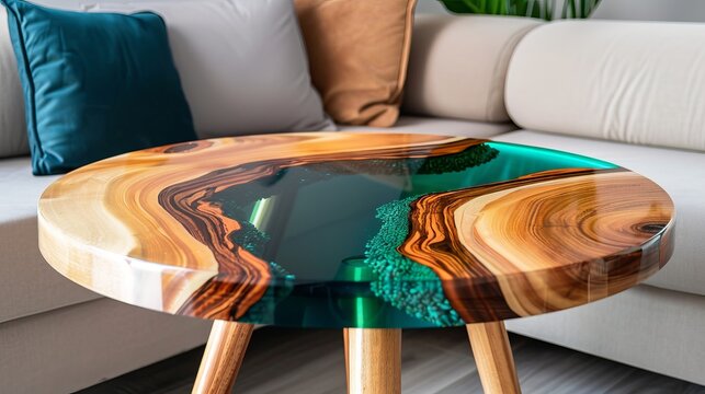 Decorative resin table with layered epoxy, evenly distributed patterns, glossy finish, intricate details and vibrant hues, modern and elegant