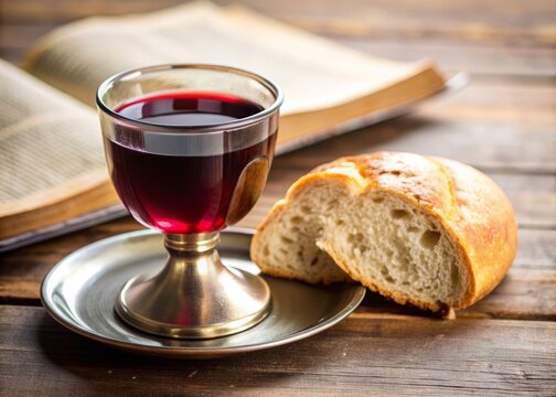 Delicate glass communion cup and plate with bread and wine sit beside an open holy scripture, symbolizing Jesus Christ's body and blood, sacred Easter ritual.