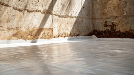 Detailed image of a construction site, foundation coated with epoxy resin, showing strong, resilient structure, seamless coverage, professional application