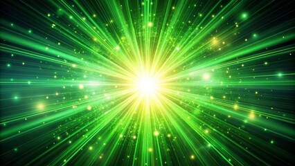 Fototapeta premium Vibrant glowing green light radiates from center, surrounded by sparkling rays, creating an ethereal and mesmerizing abstract effect with intense luminescence and energy.