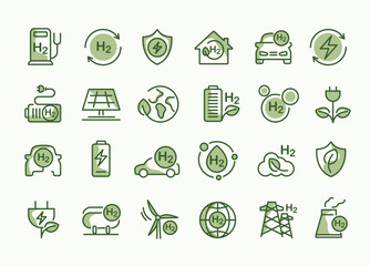 H2 icons, H2 symbol. green hydrogen production. renewable energy source. ecological energy and alternative energy in the future. global warming, chemistry sign. vector desig