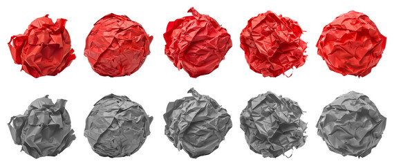 Collection set of red maroon grey gray crumpled crushed scrunched paper ball on transparent background cutout, PNG file. Many different design. Mockup template artwork graphic