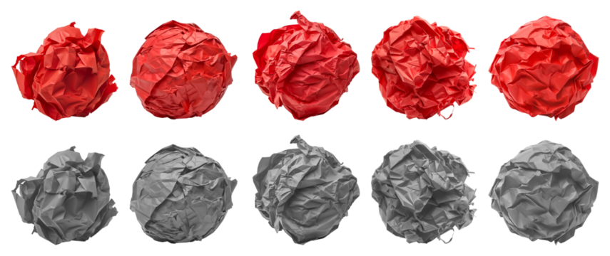 Collection set of red maroon grey gray crumpled crushed scrunched paper ball on transparent background cutout, PNG file. Many different design. Mockup template artwork graphic