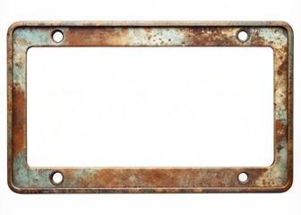 Rustic, distressed metal license plate frame with faded patina, worn edges, and subtle scratches, perfect for retro-themed designs or nostalgic advertising templates.