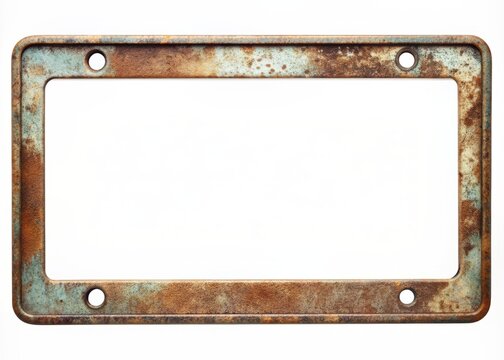 Rustic, distressed metal license plate frame with faded patina, worn edges, and subtle scratches, perfect for retro-themed designs or nostalgic advertising templates.
