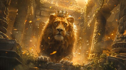 Majestic lion with crown in ancient ruins - generative ai
