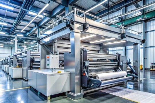 Sleek, high-tech printing press machinery with precision-crafted transfer and ink rollers, stainless steel components, and advanced control panels in a clean, industrial setting.