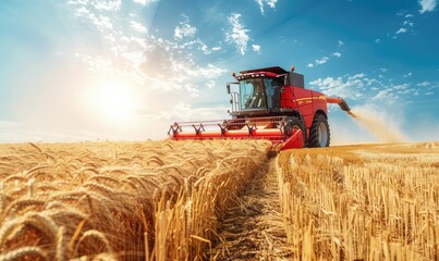 Fototapeta premium A red tractor is efficiently harvesting golden wheat in a field under a clear blue sky during a bright sunny day