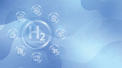 Hydrogen and H2 with icons for sustainable environment. eco-friendly industry and alternative lifestyle. changing the CO2 fuel cell to H2 switching to clean hydrogen energy. vector.