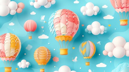 Colorful hot air balloons floating in blue sky with clouds.