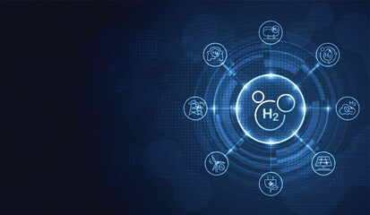 Hydrogen and H2 with icons for sustainable environment. eco-friendly industry and alternative lifestyle. changing the CO2 fuel cell to H2 switching to clean hydrogen energy. vector.