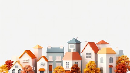 Illustration of a charming neighborhood with colorful houses and autumn foliage against a white background, ideal for real estate and seasonal themes.