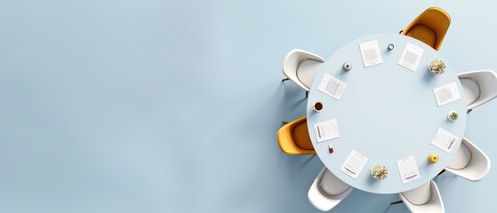Top view of a modern conference room with a round table, documents, and white chairs, set on a light blue background.
