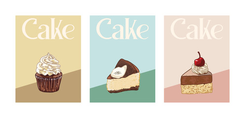 Cake vector posters with hand drawn style set, Bakery sketch, design element for kitchen decoration, prints and advertising cafe wall art card . Drawing of food elements Vector illustration