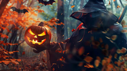 Festive Halloween Pumpkins with Autumn Leaves