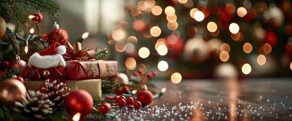 A Christmas Tree Adorned With Presents, Santa Claus, And Twinkling Lights, Creating A Magical Bokeh Effect