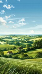 Green countryside village, small houses and fields, flat design illustration