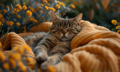  cat lying on a blanket side flower