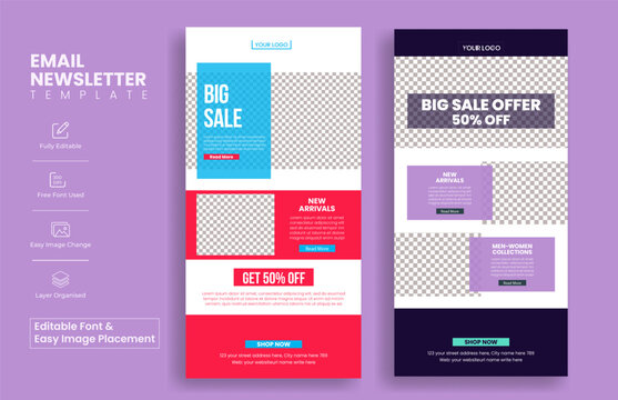 set of Editable e-commerce email newsletter templates for retail sale web page ui interface layout design suitable for fashion sale landing page or website ui header design , newspaper layout design